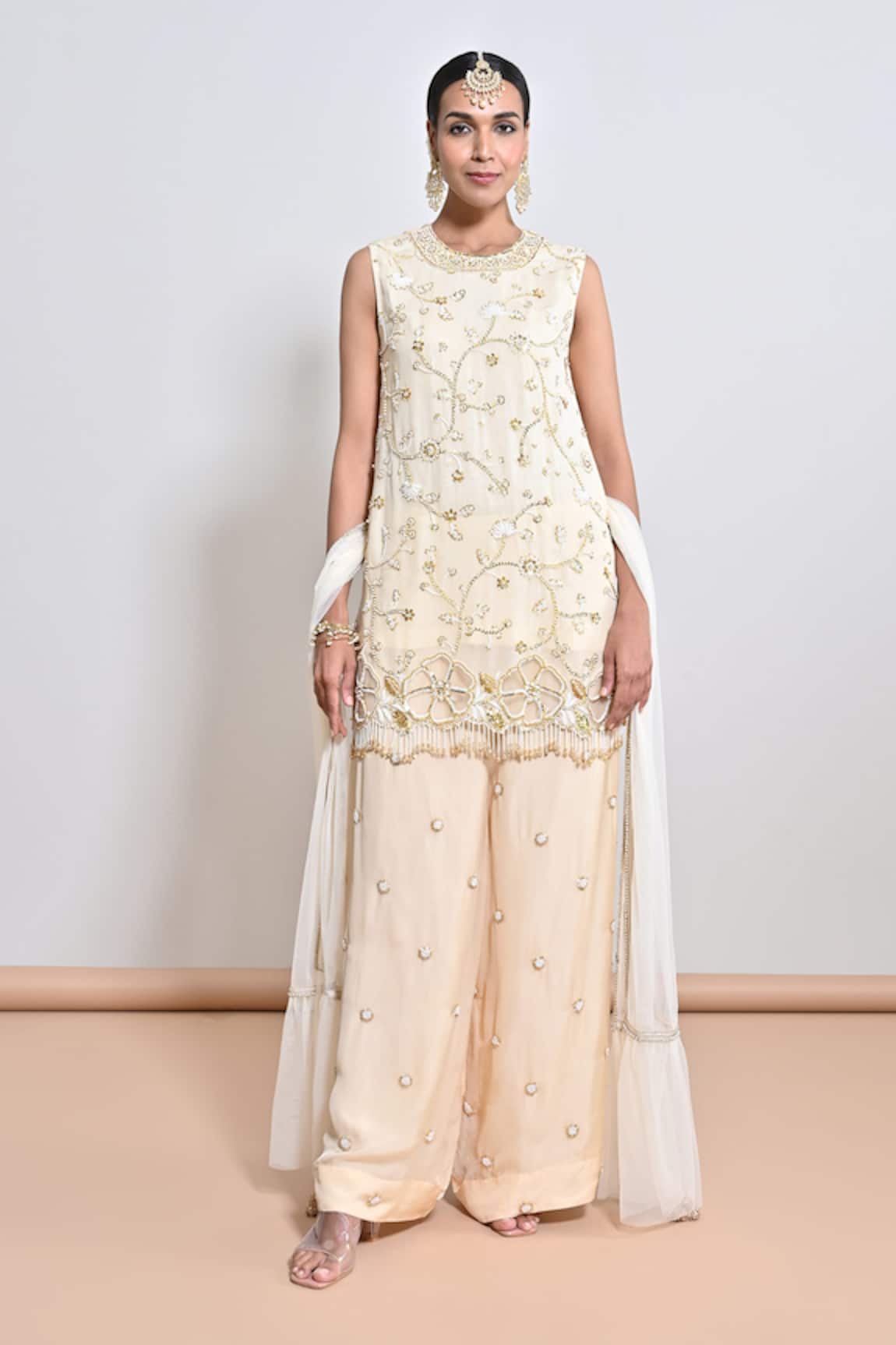 Keith Gomes Pearl & Sequins Cutwork Flower Tunic & Palazzo Set