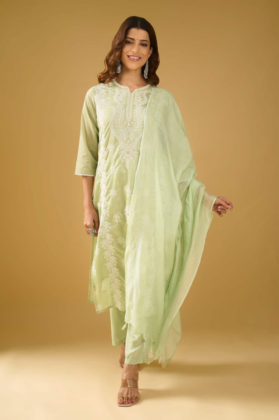 Naintara Bajaj Chikankari Embroidered Pastel Kurta Pant Set 