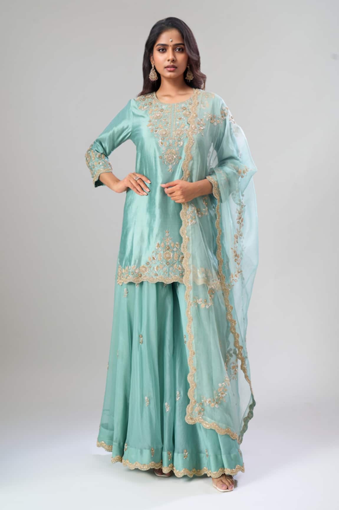Surbhi Shah Sea Blue Organza Kurta Sharara Set 