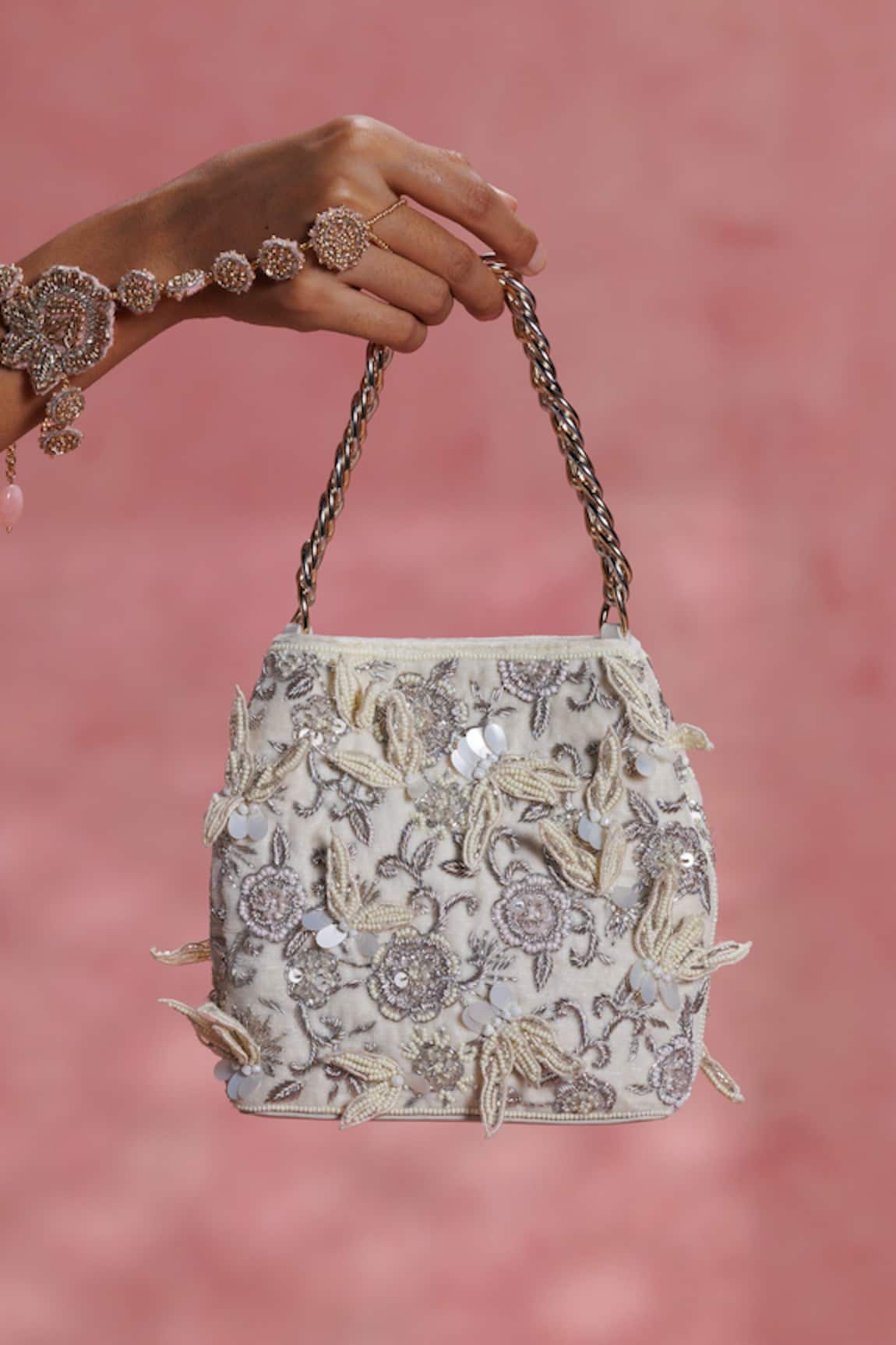 The Leather Garden Seher Ivory Floral Embroidered Potli Bag 