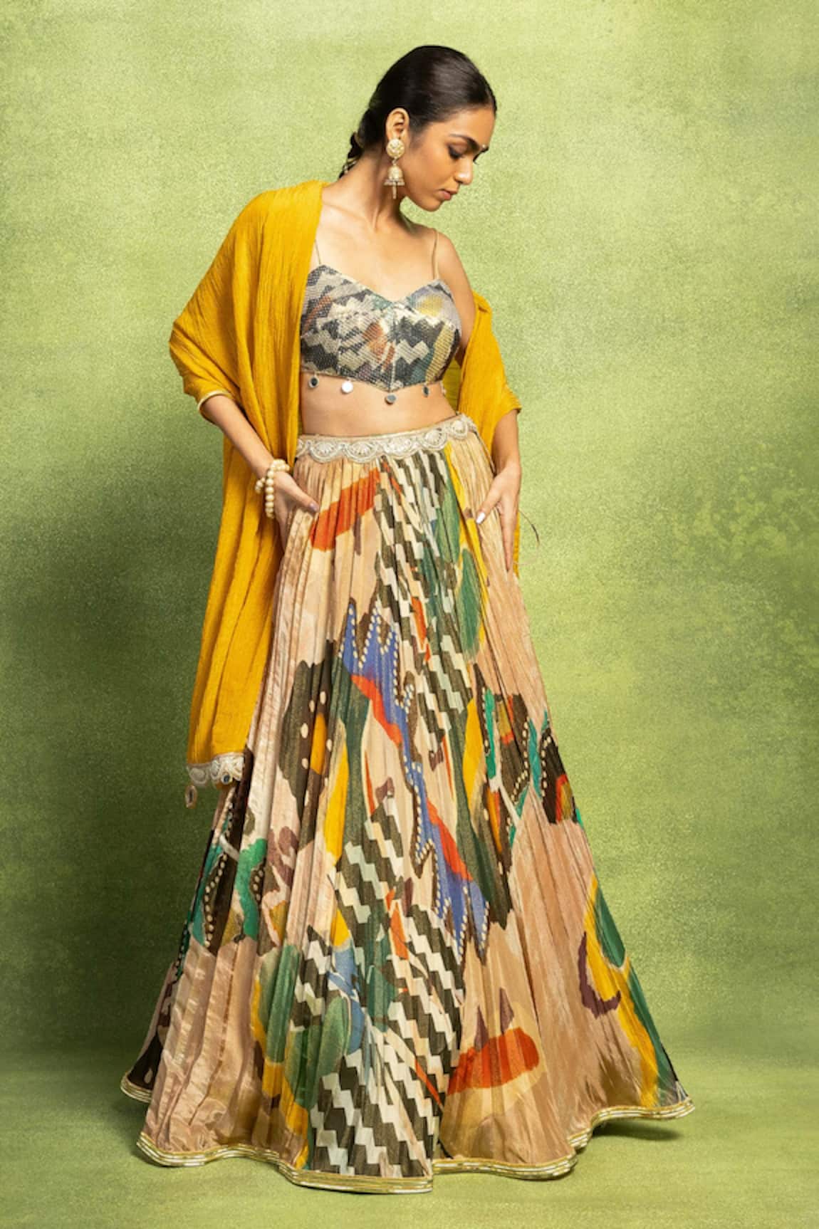 Vedika M Abstract Print Gathered Lehenga Set