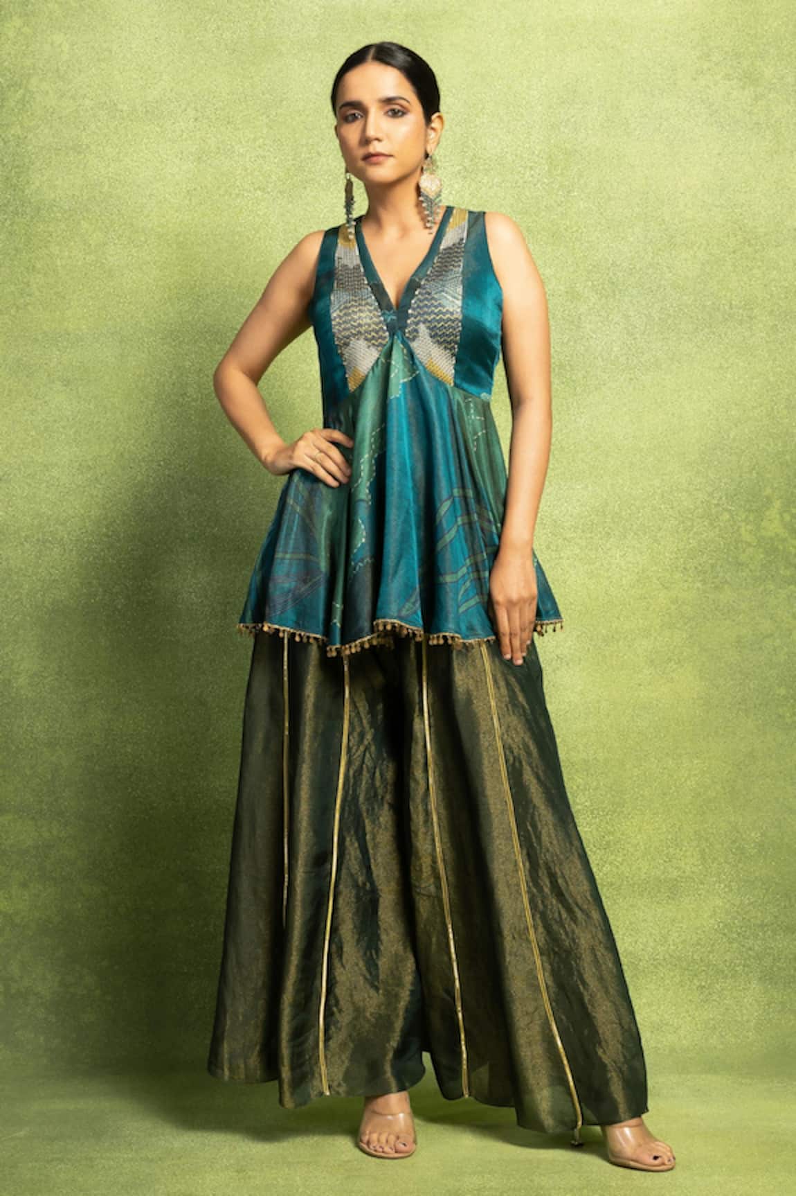 Vedika M Abstract Floral Print Gathered Kurta & Pant Set