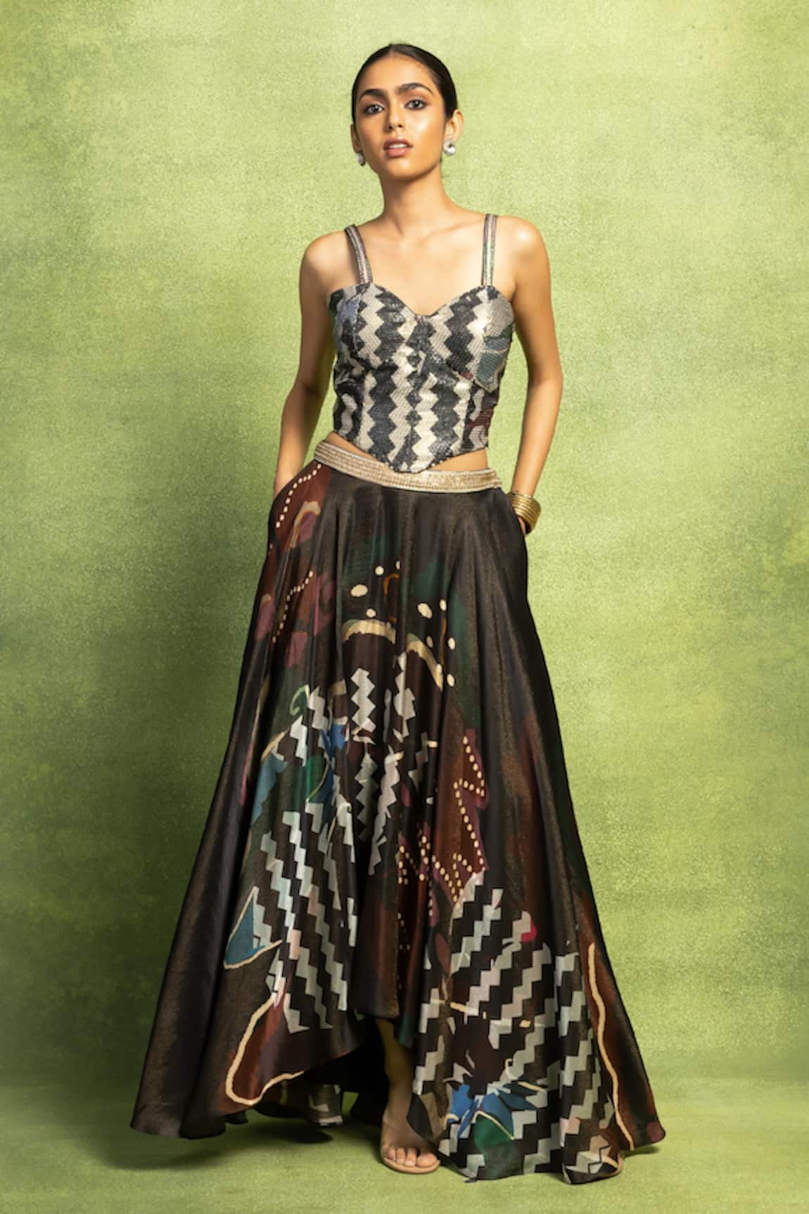 Vedika M Sequin Embroidered Bustier & Abstract Skirt Set