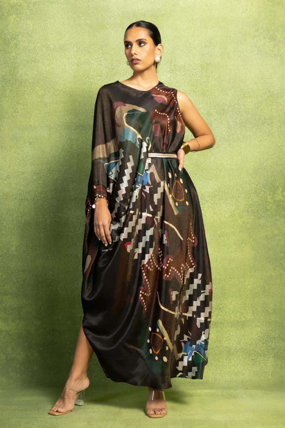 Vedika M Abstract Print Draped Dress With Sequin Belt