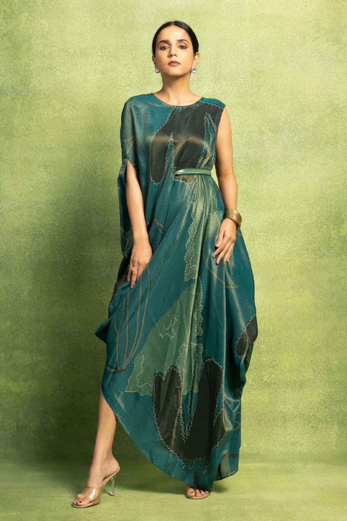 Vedika M Abstract Print Drape With Sequin Belt