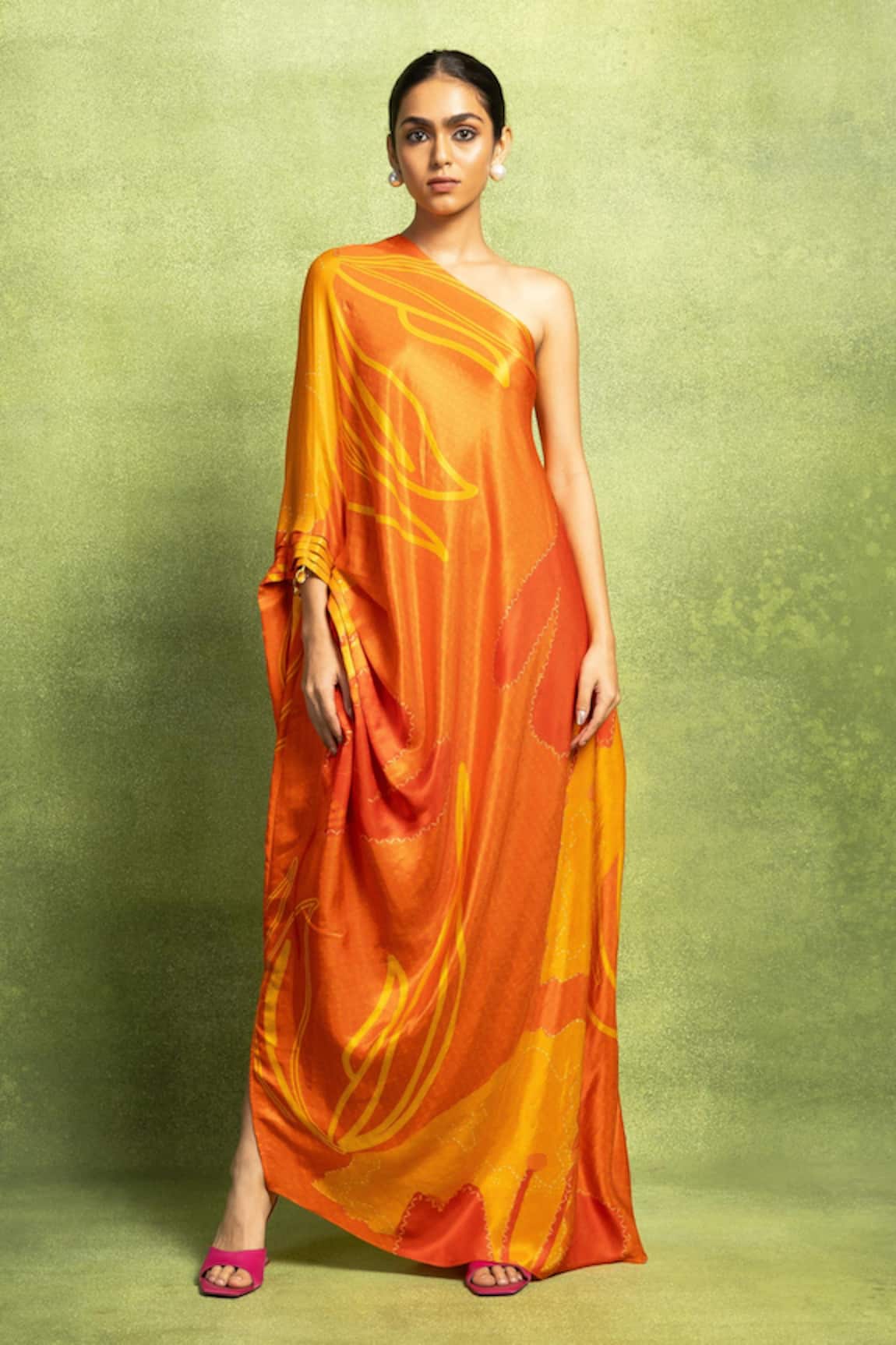 Vedika M Abstract Floral Print One Shoulder Draped Dress