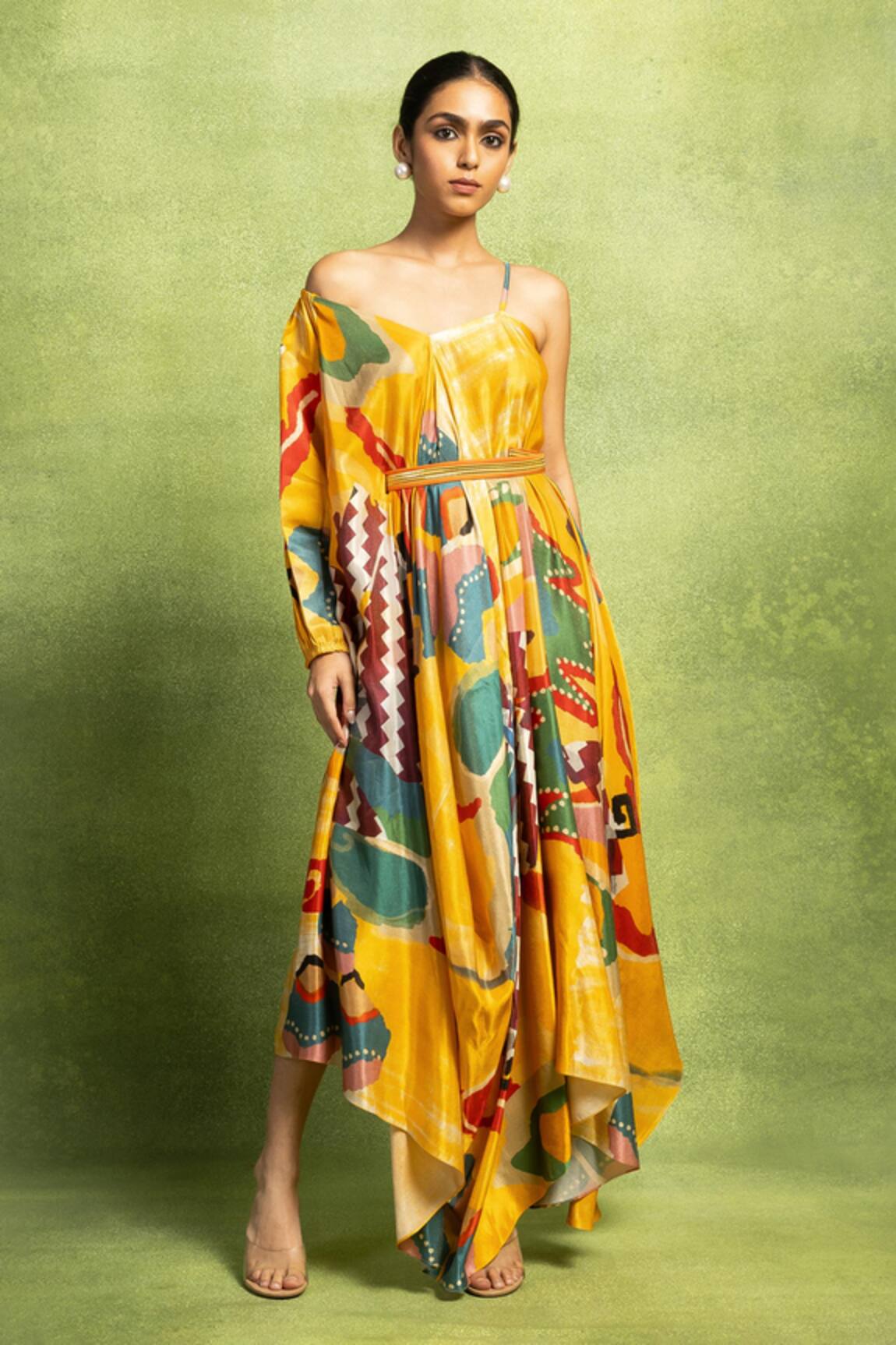 Vedika M Abstract Print Drape Dress With Sequin Belt