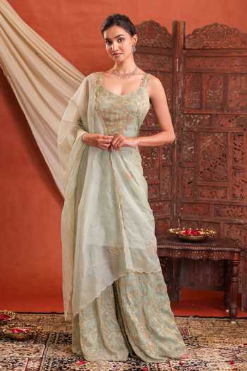 Farha Syed Chanderi Silk Tissue Embroidered Kurta Sharara Set
