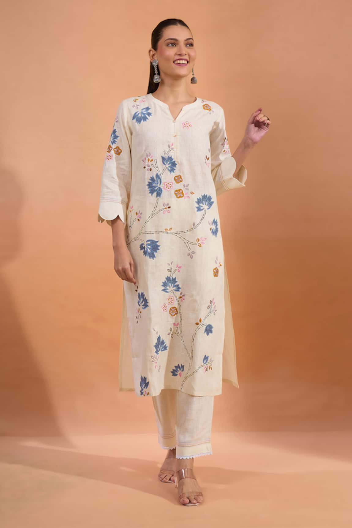 Naintara Bajaj Floral Embroidered Scallop Kurta & Pant Set 