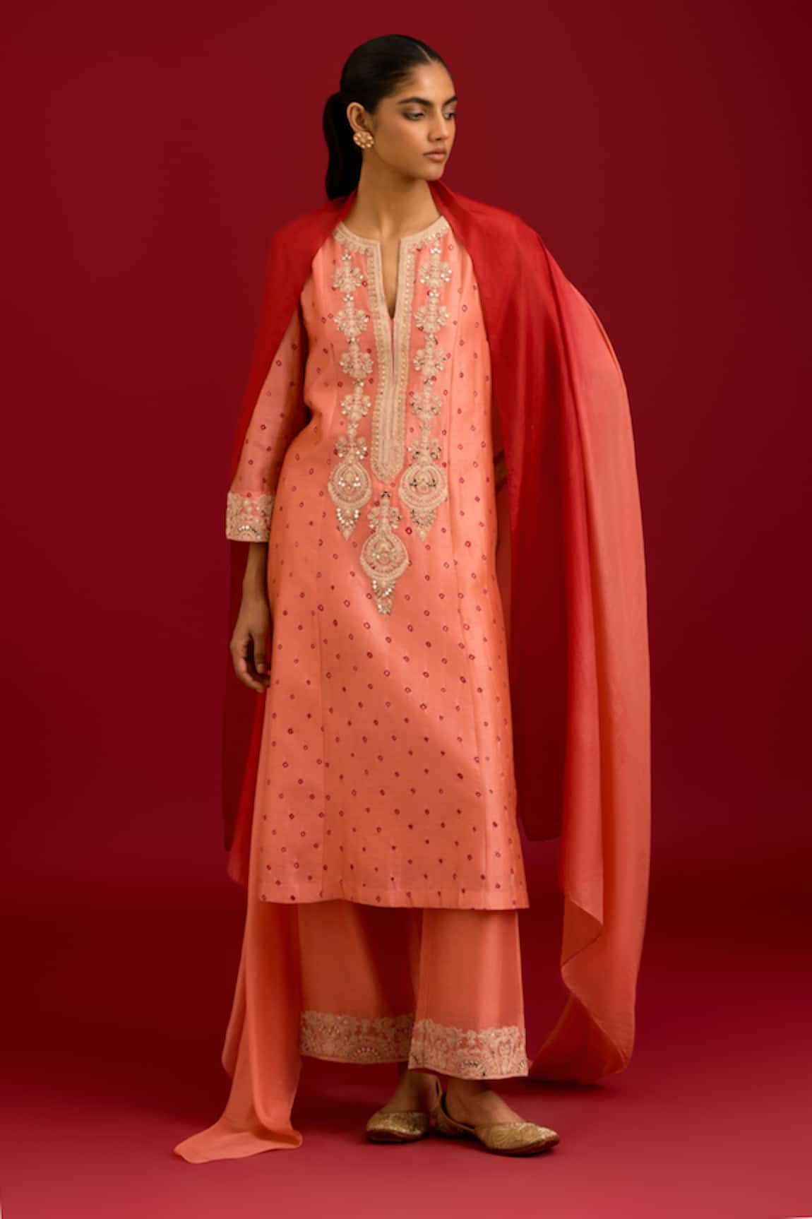 Devnaagri Bandhej Silk Chanderi Embroidered Kurta Set 