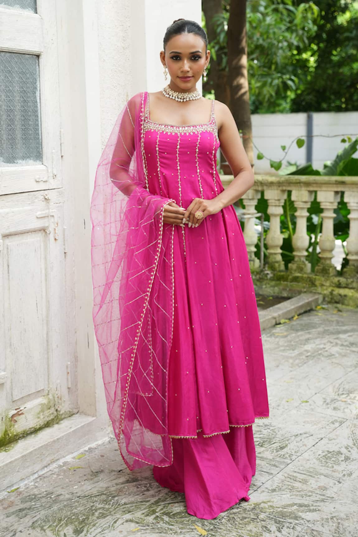 Enamour By Radha Gulabi Embroidered Strappy Anarkali Sharara Set 