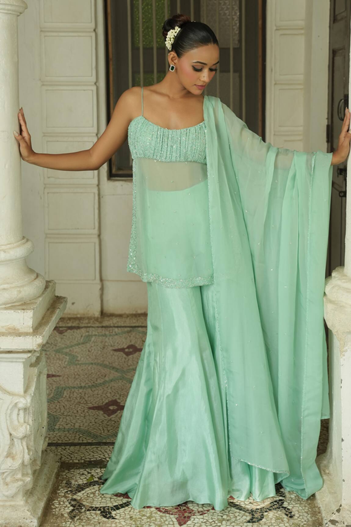 Enamour By Radha Pleated Embroidered Yoke Kurta Sharara Set 