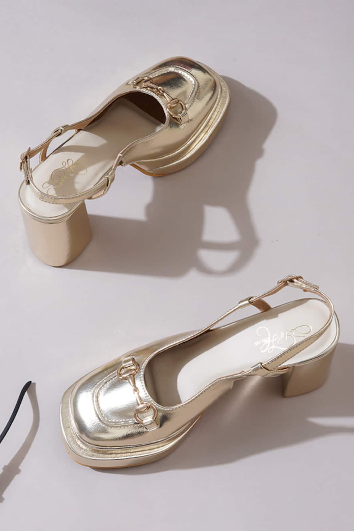 Sole House Noir Leather Gold Heels 