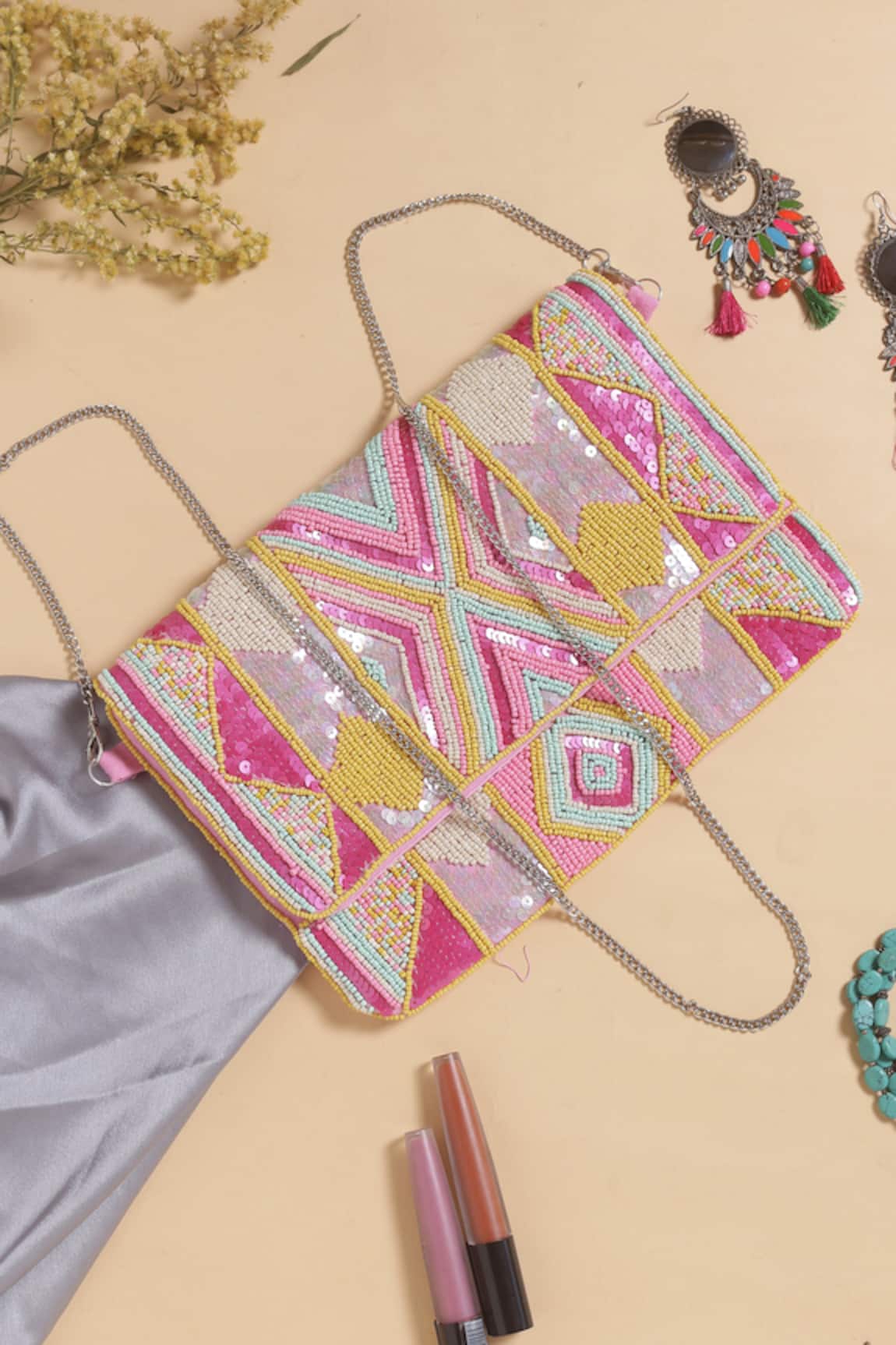 Nazaakat By Samara Singh Geometric Sequin & Bead Embellished Boho Bag