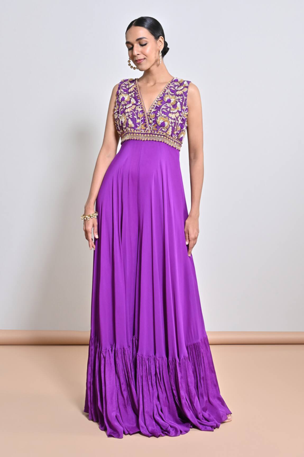 Keith Gomes Zardozi Embroidered Flare Chiffon Crepe Jumpsuit