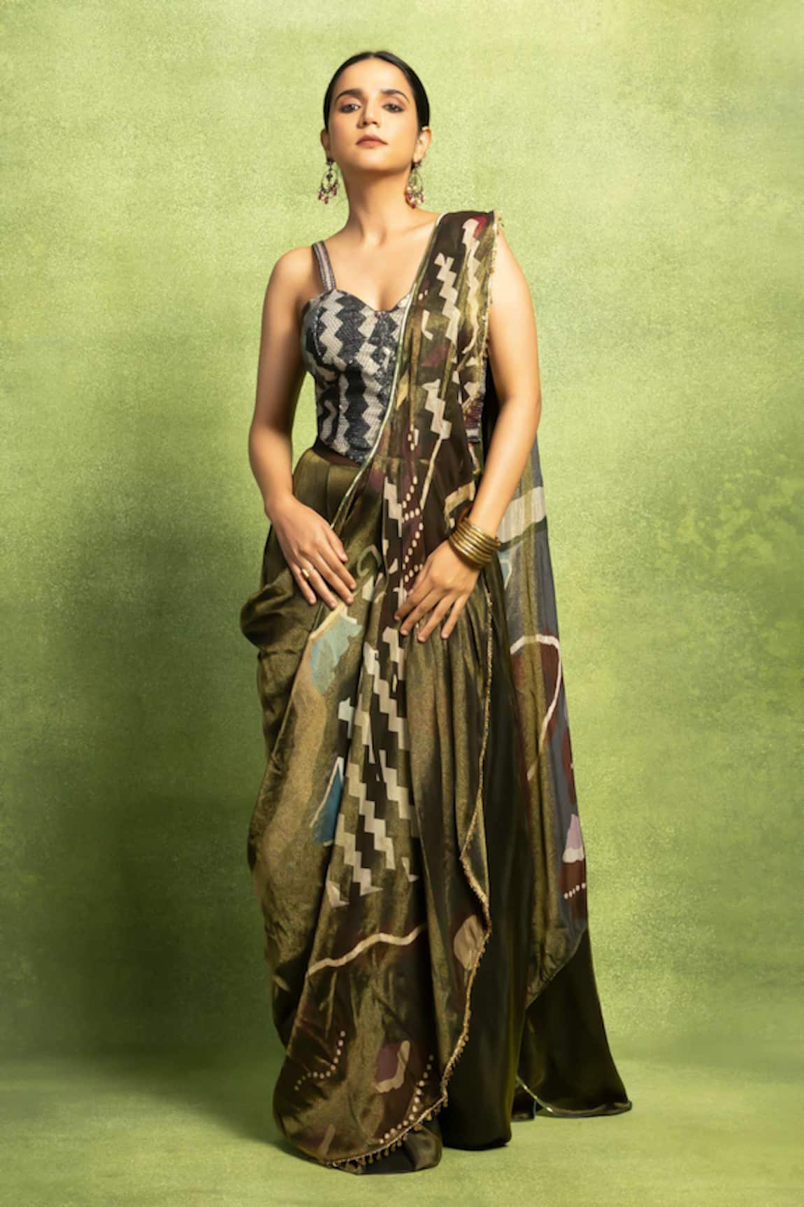 Vedika M Printed Pre-Stitched Saree & Sequin Blouse Set