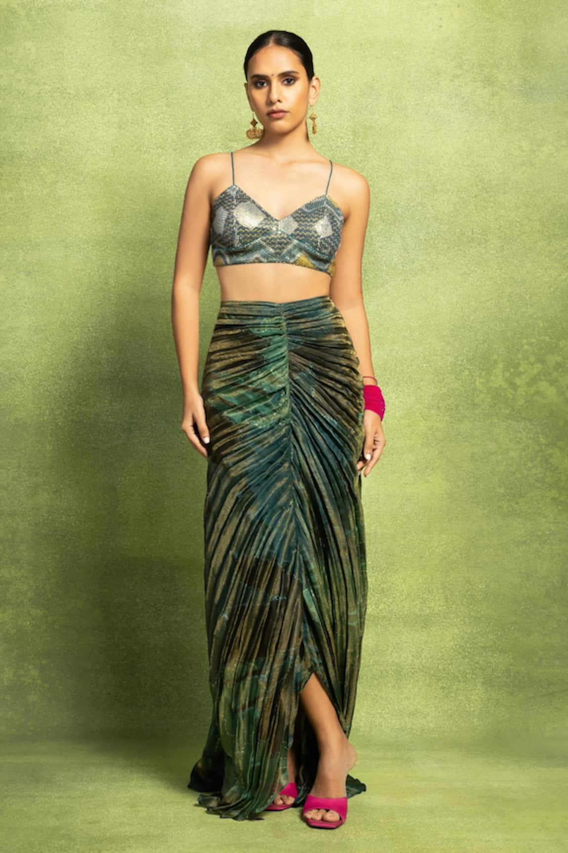 Vedika M Sequinned Bustier & Hand Pleated Skirt Set