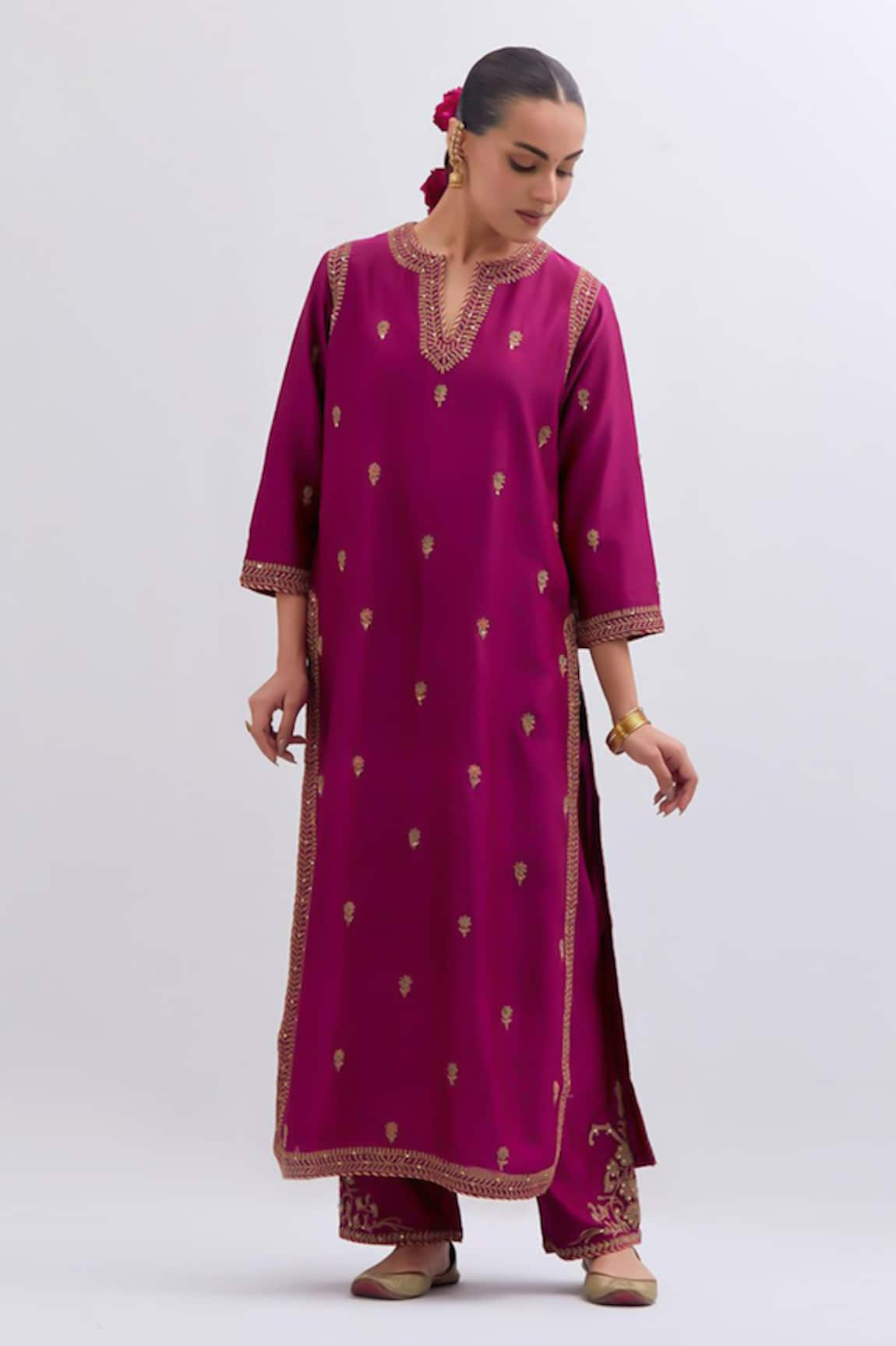 Kora Chanderi Dori Embroidered Kurta & Pants Set