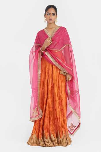 Kora Chanderi Dori Embroidered Blouse, Lehenga & Dupatta 
