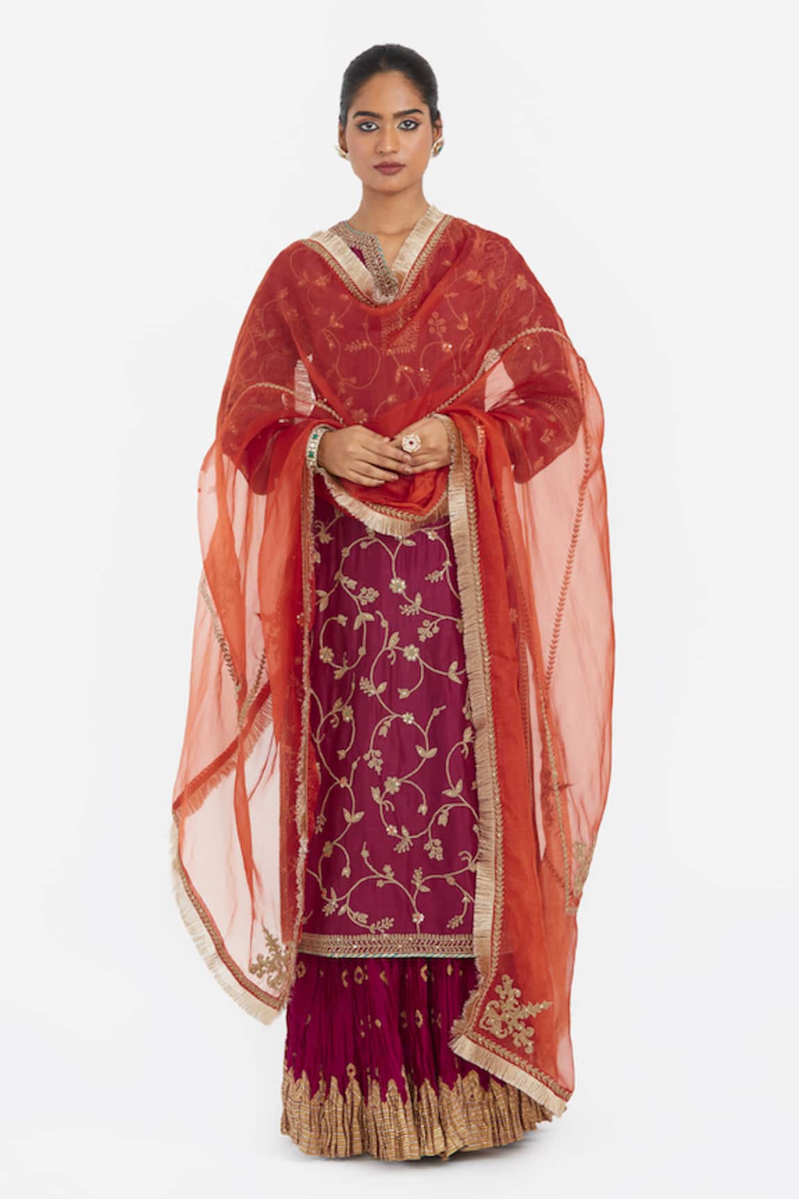 Kora Dull Gold Dori Embroidered Silk Organza Dupatta