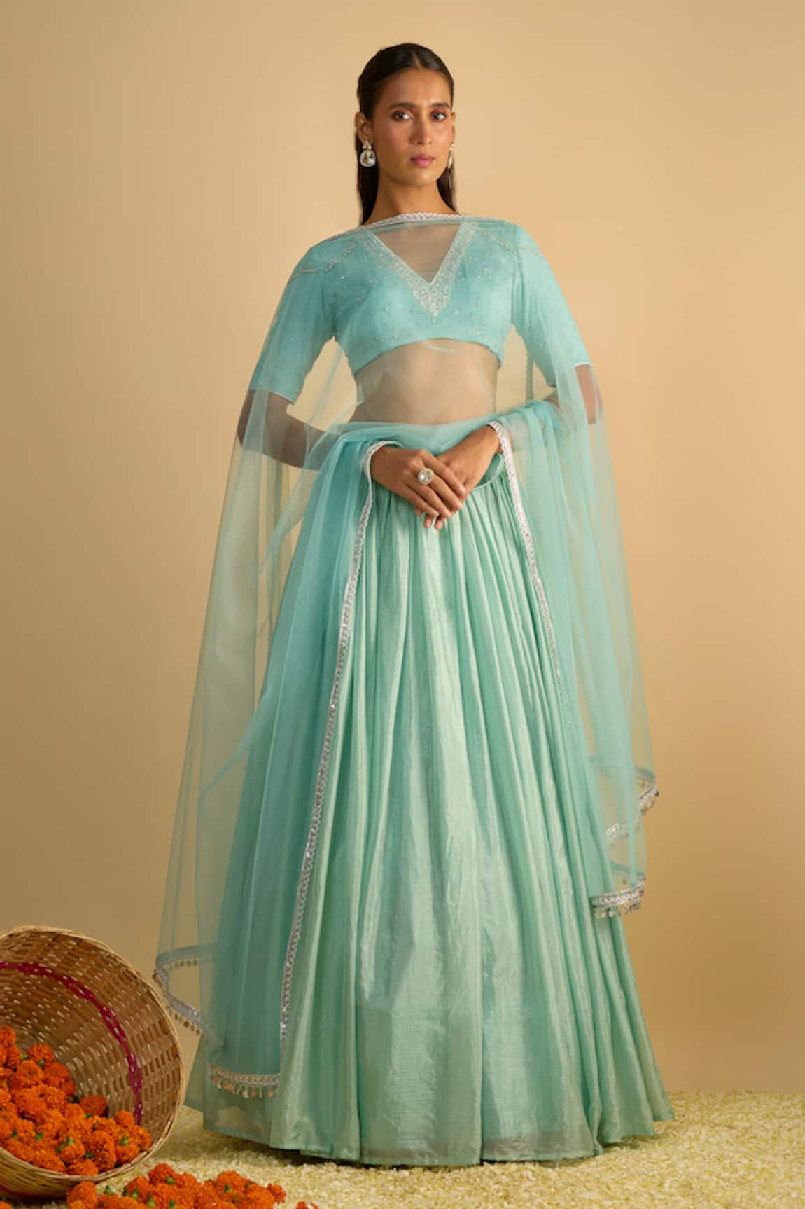 RAYASHA KHAN Bluebells Crystal Blue Silk Chiffon Lehenga Set