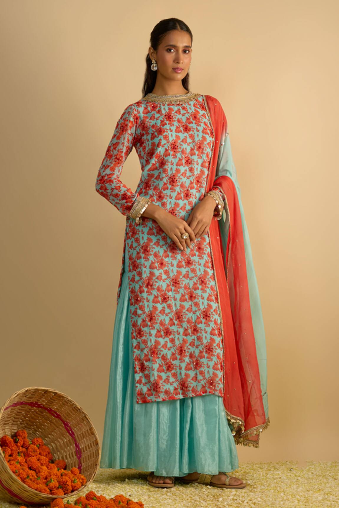 RAYASHA KHAN Blue Star Floral Printed Kurta Gharara Set