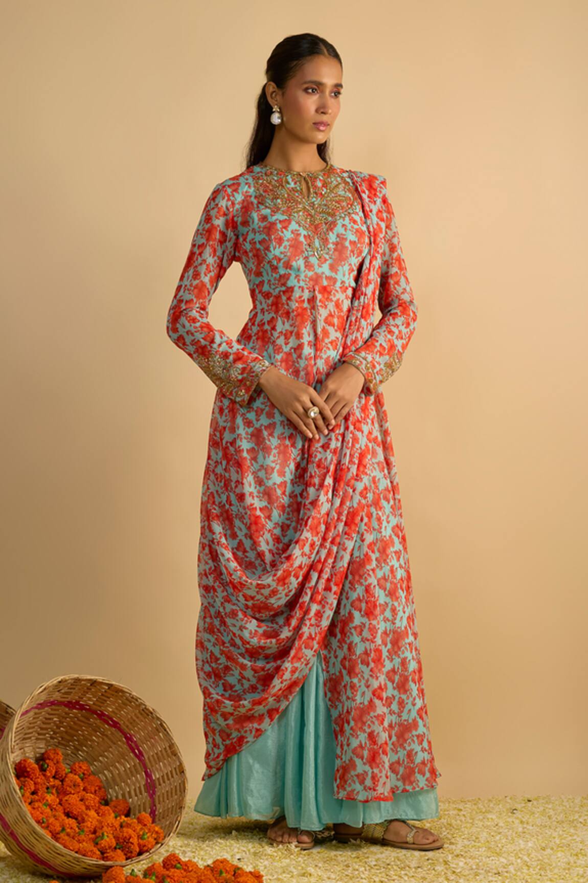 RAYASHA KHAN Blue Magic Floral Printed Draped Kurta & Gharara Set