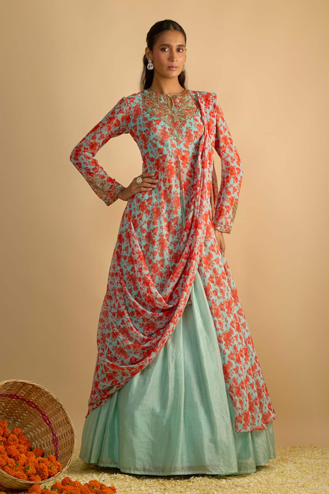 RAYASHA KHAN Blue Dancer Floral Printed Draped Kurta & Lehenga Set