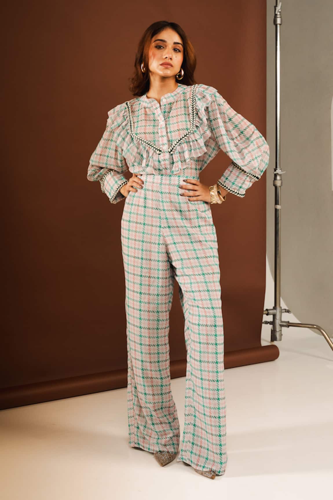 Ria Shah Label Tweed Print Frill Shirt & Wide Leg Pant Set 