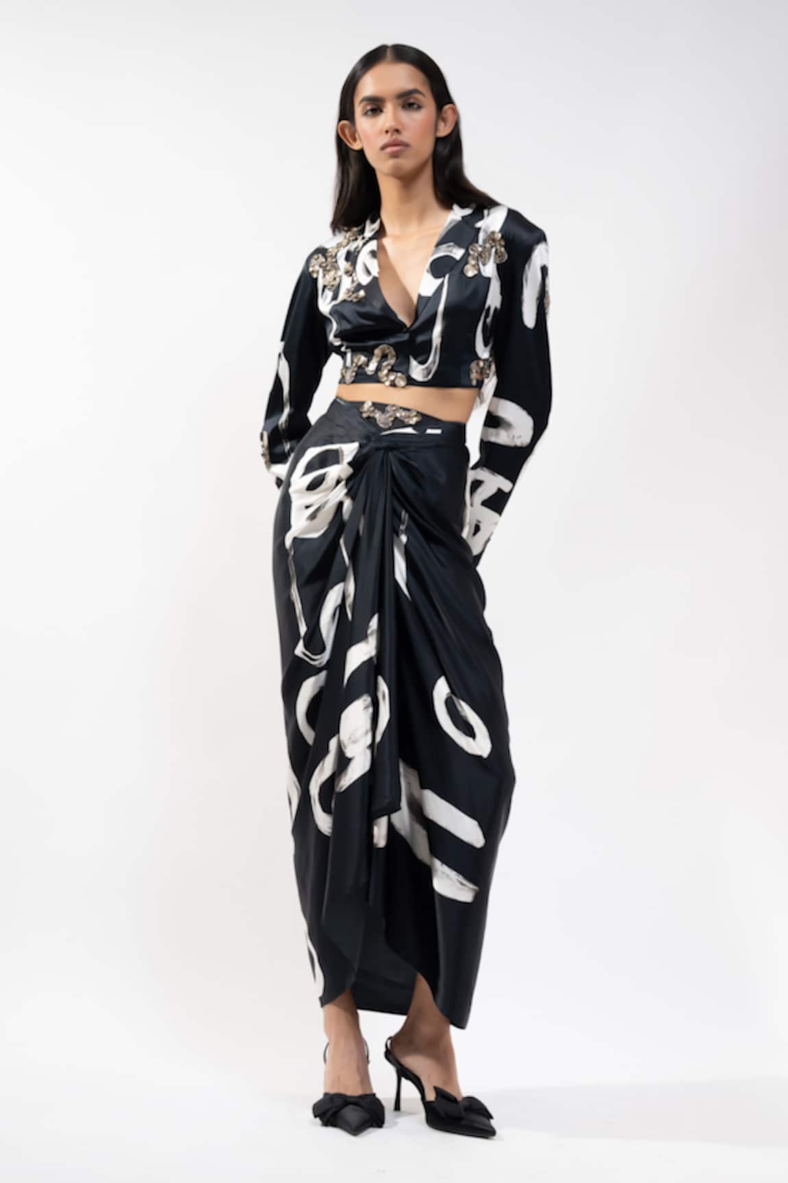 AK-OK Abstract Print Jacket & Draped Skirt Set 
