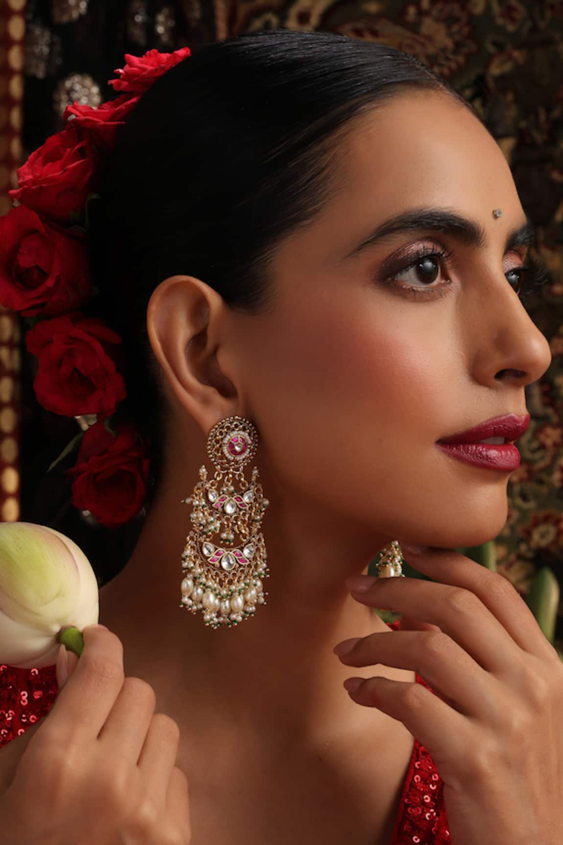 Swabhimann Red Gold Plated Jadau Dangler Earrings 