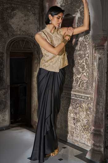 Dash And Dot Embroidered Angrakha Top & Draped Skirt Set 