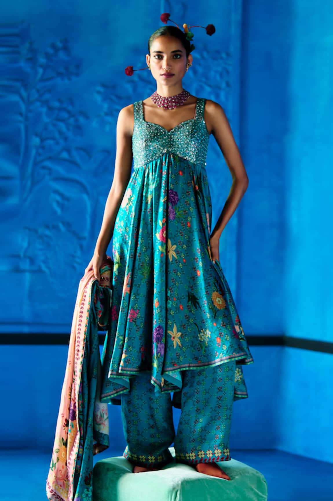 The Whole Nine Yards Minted Meadow Printed Anarkali Set