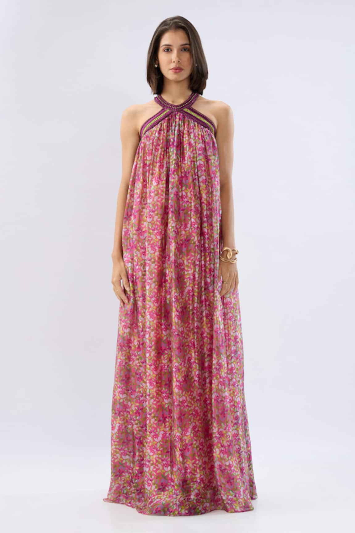 Raw & Rustic By Niti Bothra Pink Halter Neck Printed Dress 