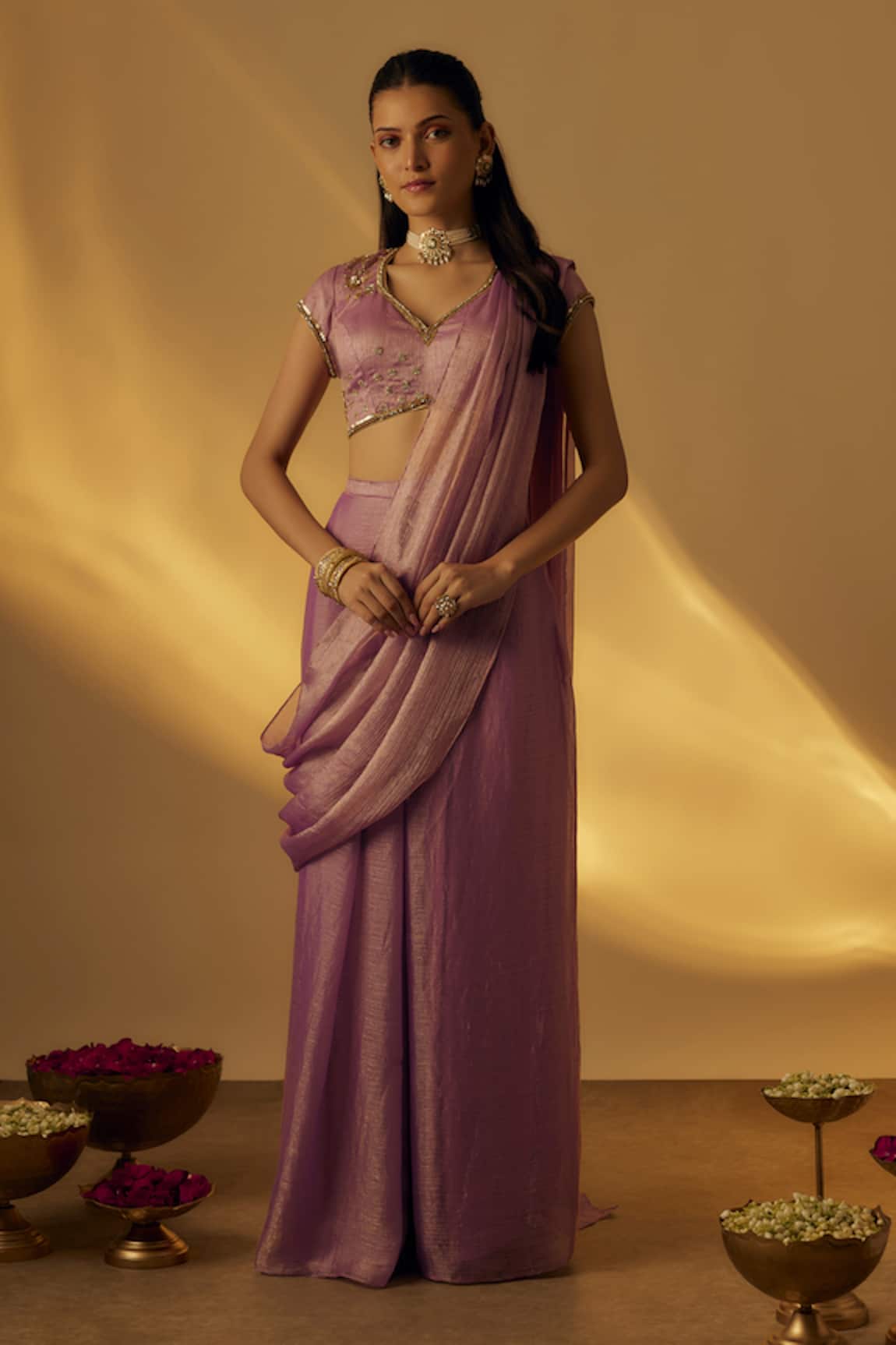 RAYASHA KHAN Lavender Pre-Draped Saree With Blouse