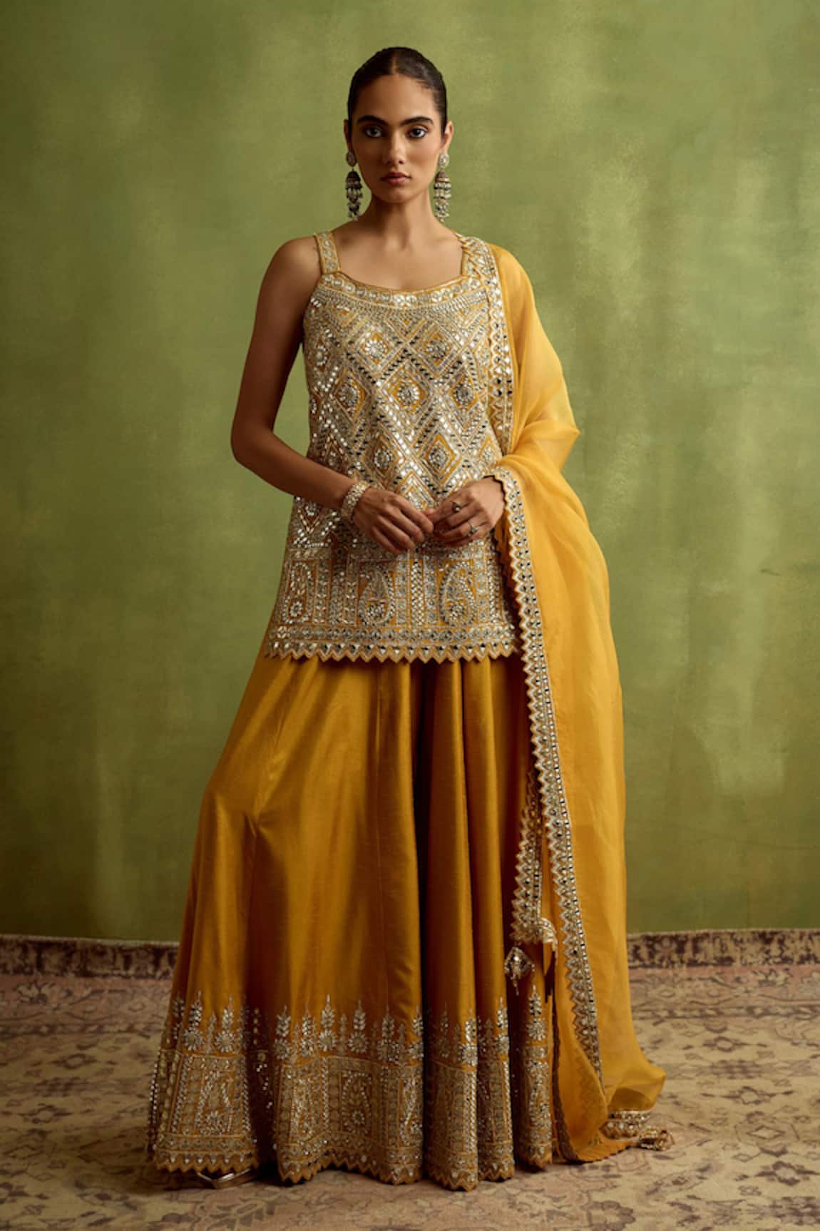 SUHINO Yellow Silk Kurta Sharara Set
