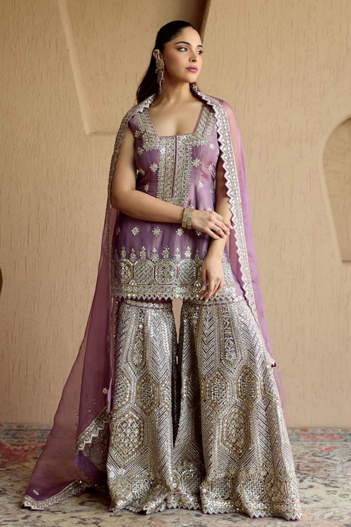 SUHINO Purple Tissue Kurta Gharara Set