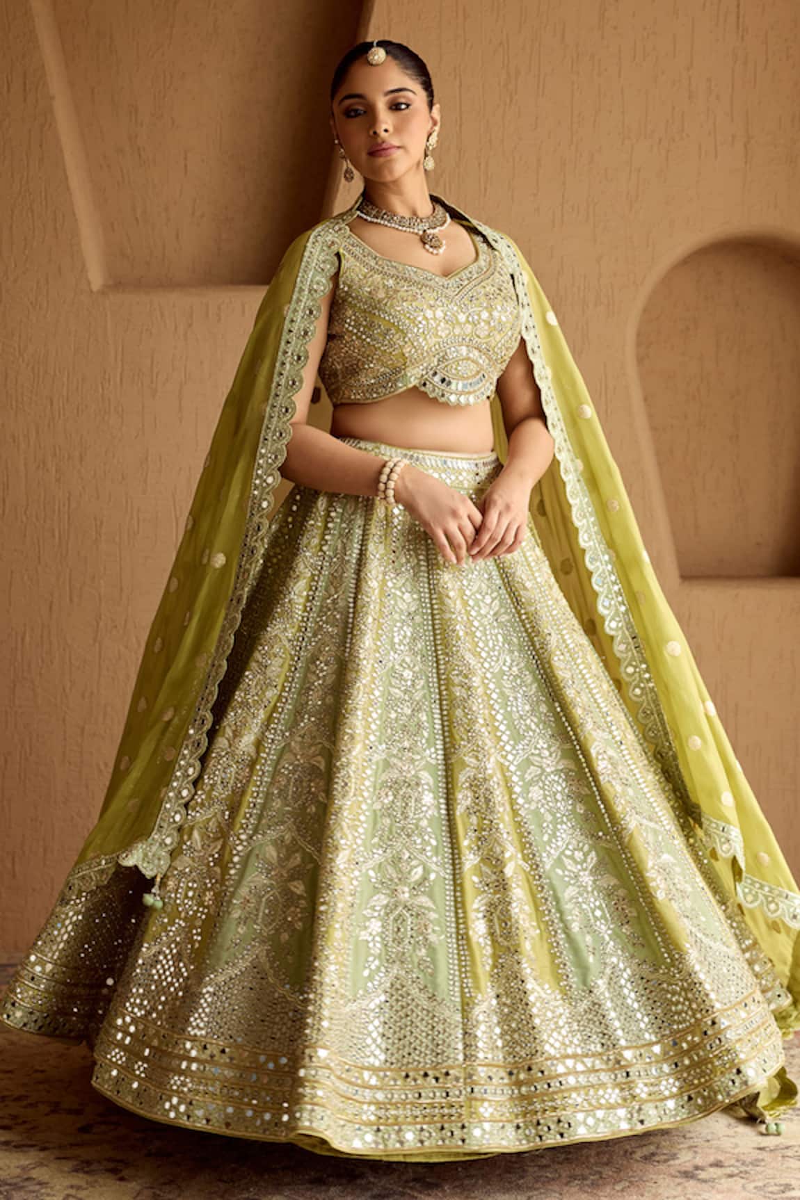 SUHINO Green Dual Kali Tissue Lehenga Set