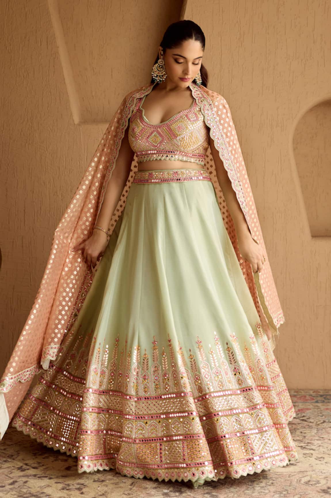 SUHINO Mint Green Tissue Lehenga Set