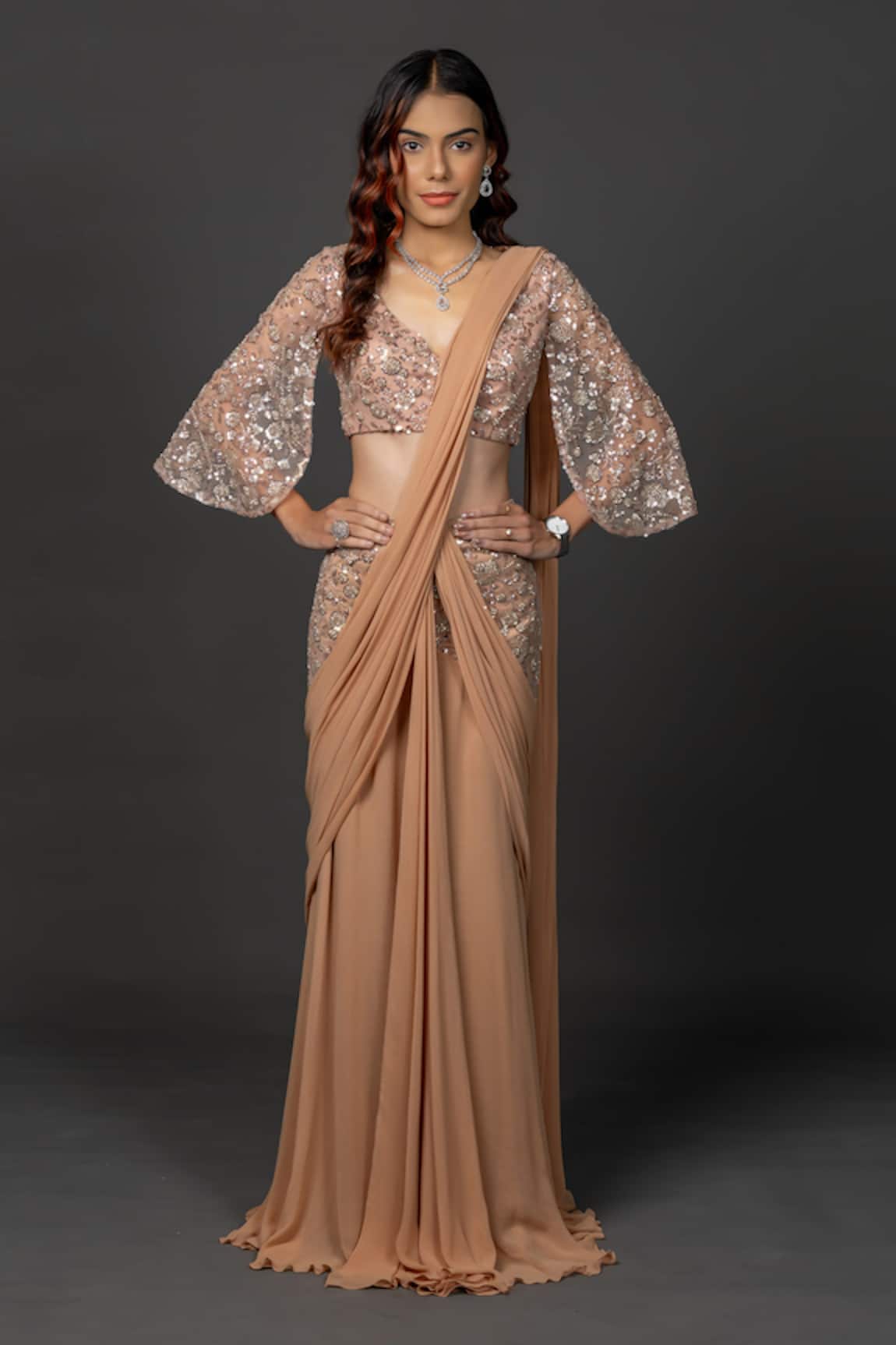Damoiselle Mocha Gleam Pre-Draped Saree With Blouse 