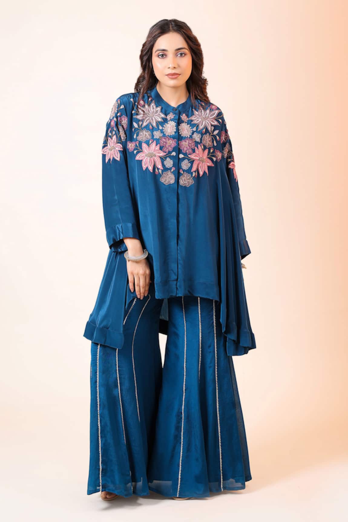 Myra Clothing Line Floral Embroidered Peplum Top & Flared Pant Set