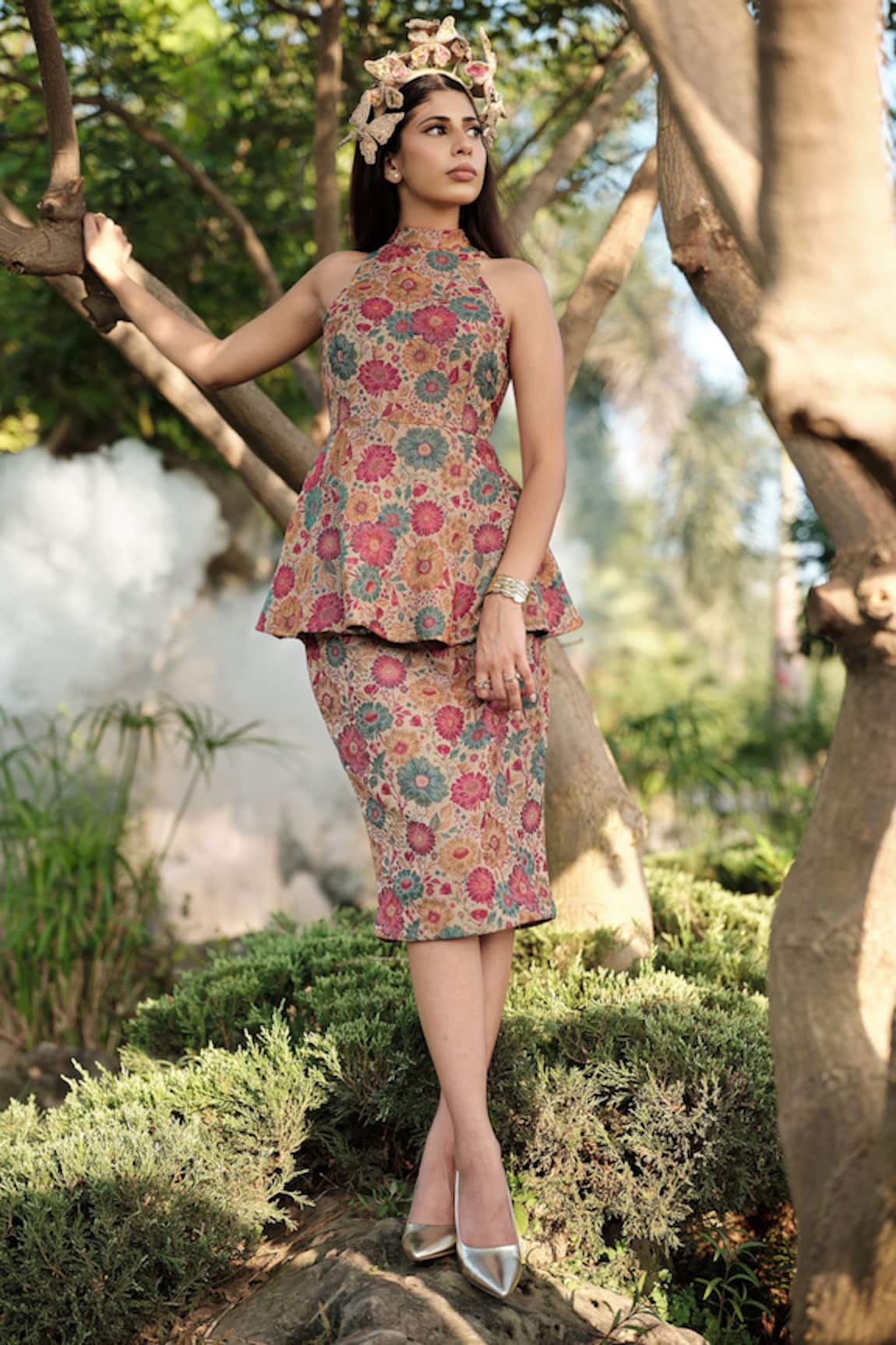 Safaa Le Tournesol Floral Woven Peplum Top With Skirt