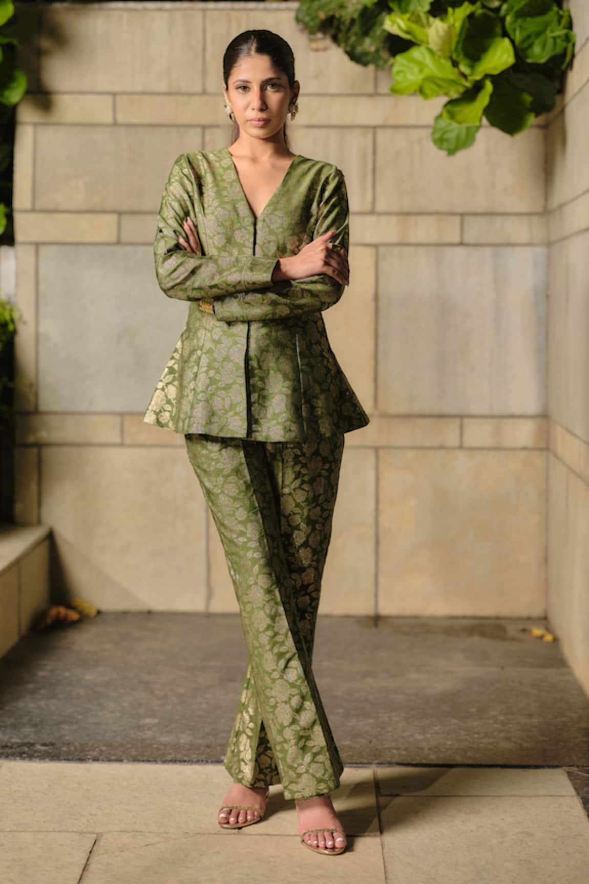 Safaa Floral Woven Peplum Jacket & Pant Set