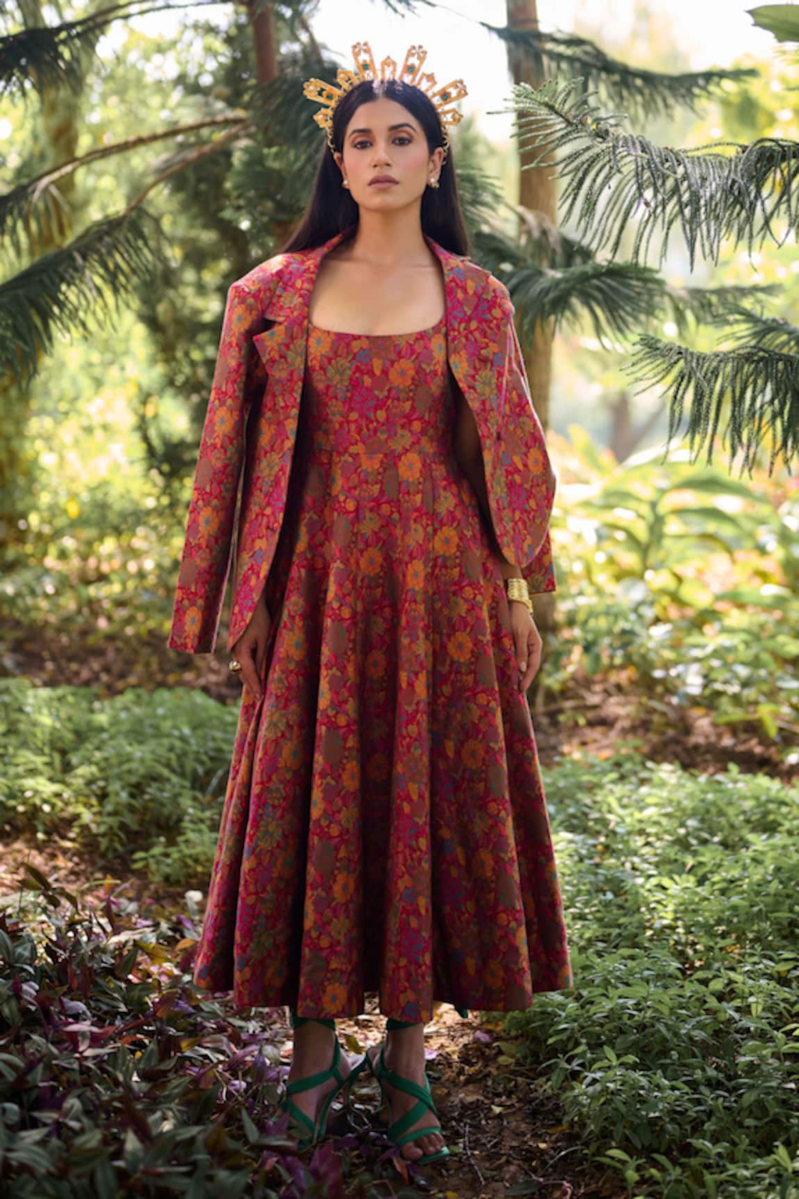 Safaa La Rouge Lumiere Floral Woven Dress With Blazer