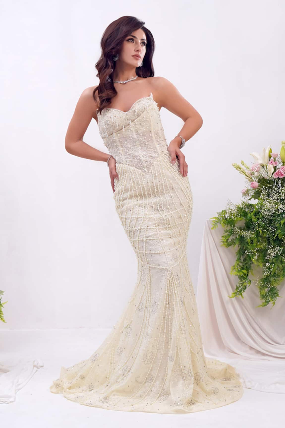 Shourya Gatha Chantilly Pearl Mermaid Gown 