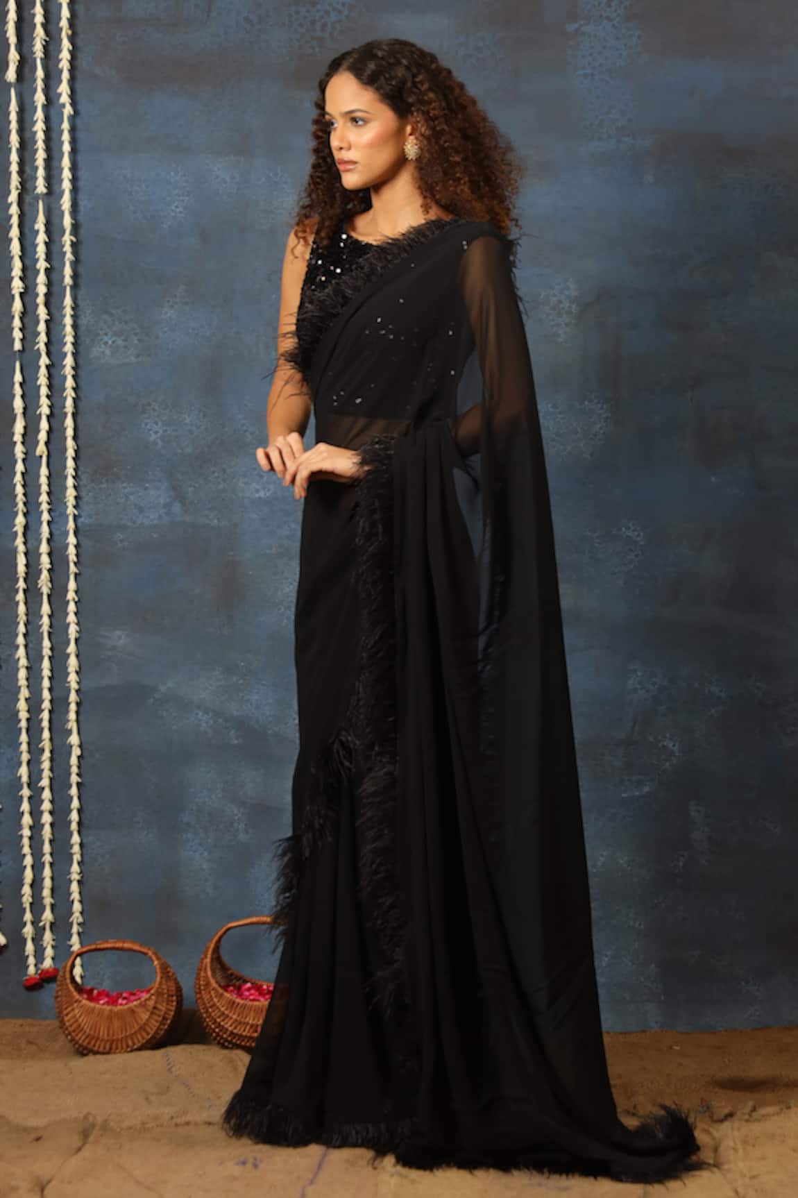 Swatee Singh Sequin & Feather Work Saree With Blouse