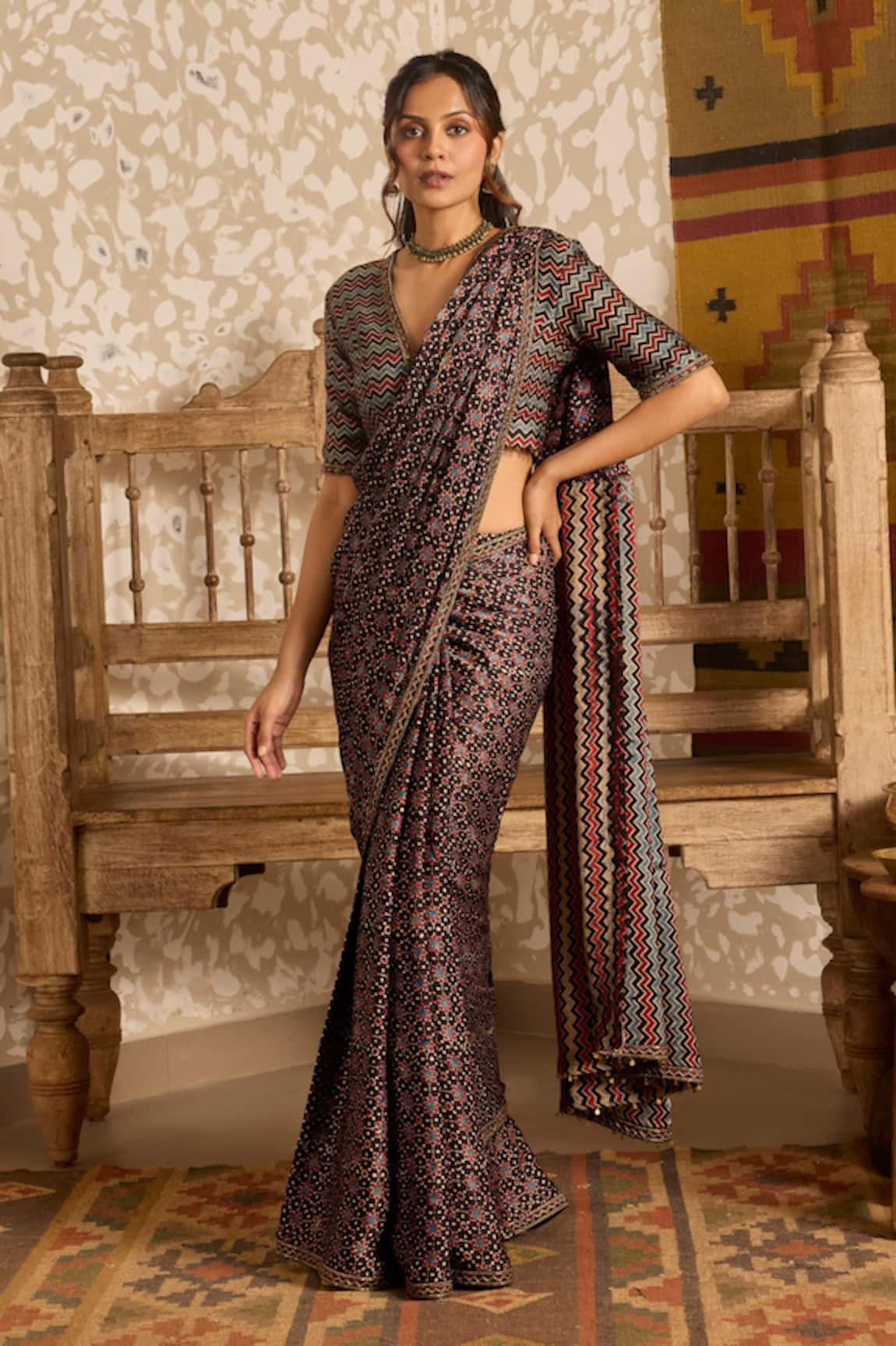Akashi Clothing Ajrakh Print Saree With Blouse 