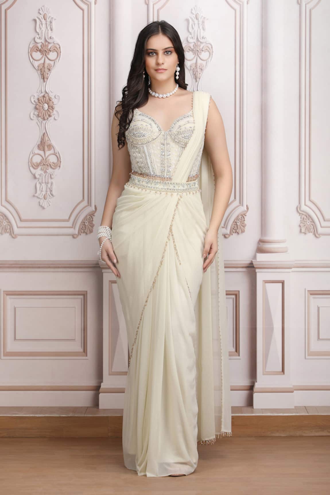 Mandira Wirk Resort Embellished Corset Blouse & Pre-Draped Saree Set 