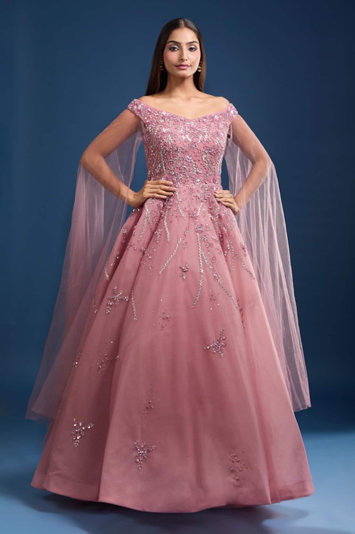 Samyukta Singhania Embroidered Off Shoulder Gown With Cape Sleeves 