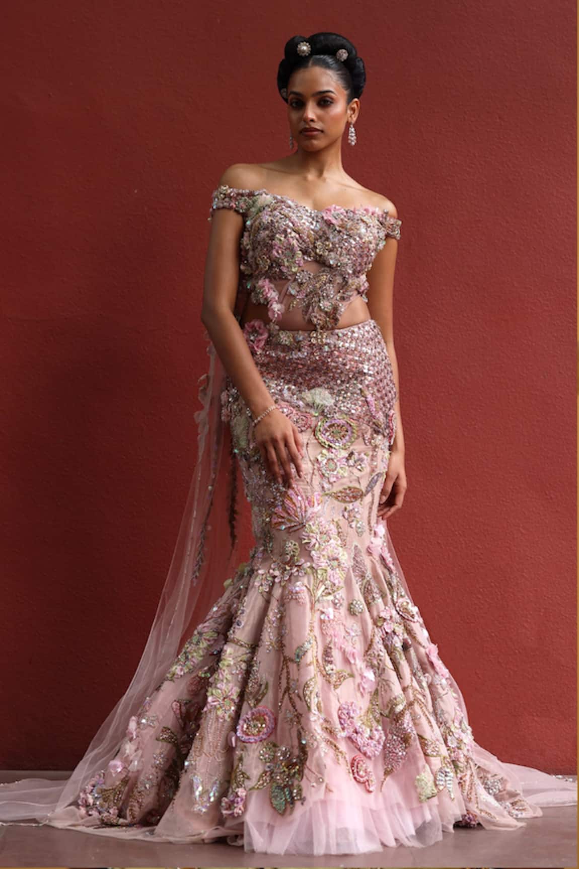 Moledro Lila Floral Embroidered Blouse With Lehenga